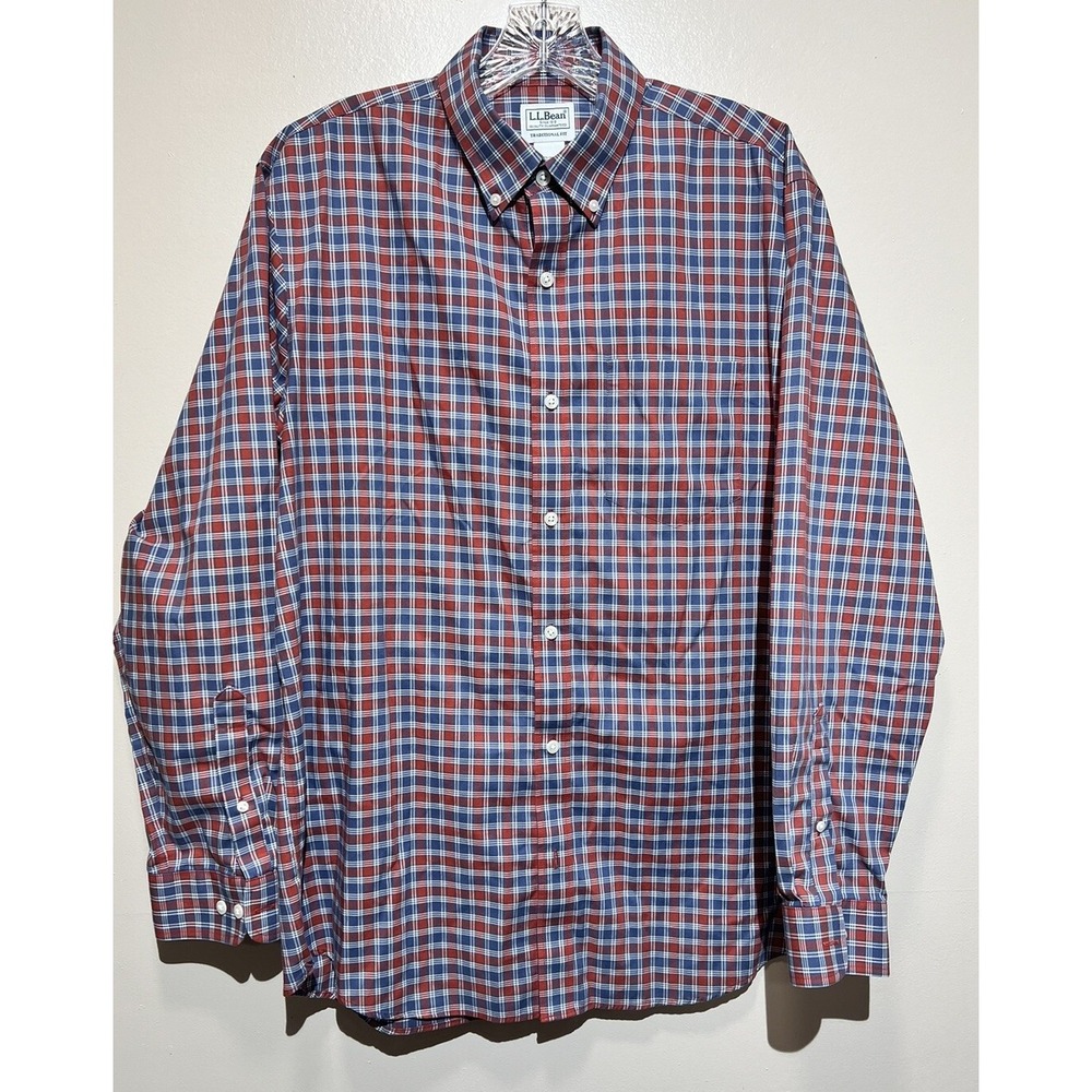 LL Bean Mens Button Down Up Plaid Shirt Green Long Sleeve Size Medium Red Blue‎